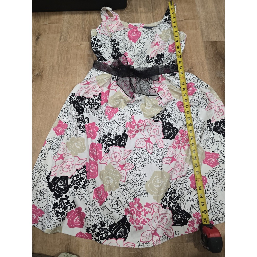 Hillard &‎ Hanson Floral A-Line Dress Size 8 Pink Black Taupe Satin Bow Pin Up